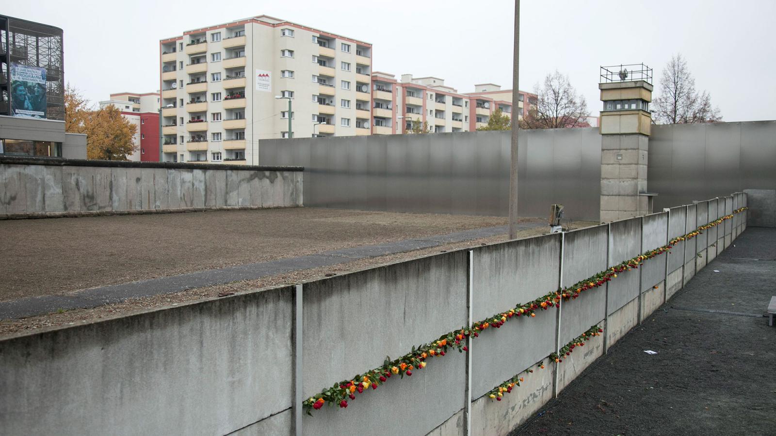 Die Hinterlandmauer der Gedenkstätte mit Blick in das Denkmal. Im Hintergrund ist der Wachturm zu sehen. In die Hinterlandmauer sind zahlreiche Rosen gesteckt.