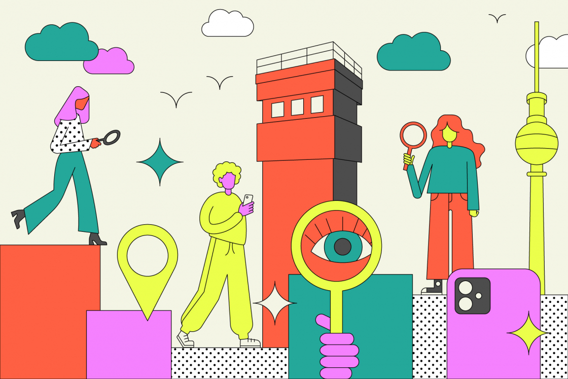 Grafik zeigt Berliner Wahrzeichen und Personen mit Lupen